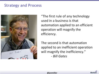 Strategy and Process
“The first rule of any technology
used in a business is that
automation applied to an efficient
operation will magnify the
efficiency.
The second is that automation
applied to an inefficient operation
will magnify the inefficiency.”
- Bill Gates

#RevEngine

@jonmiller

 