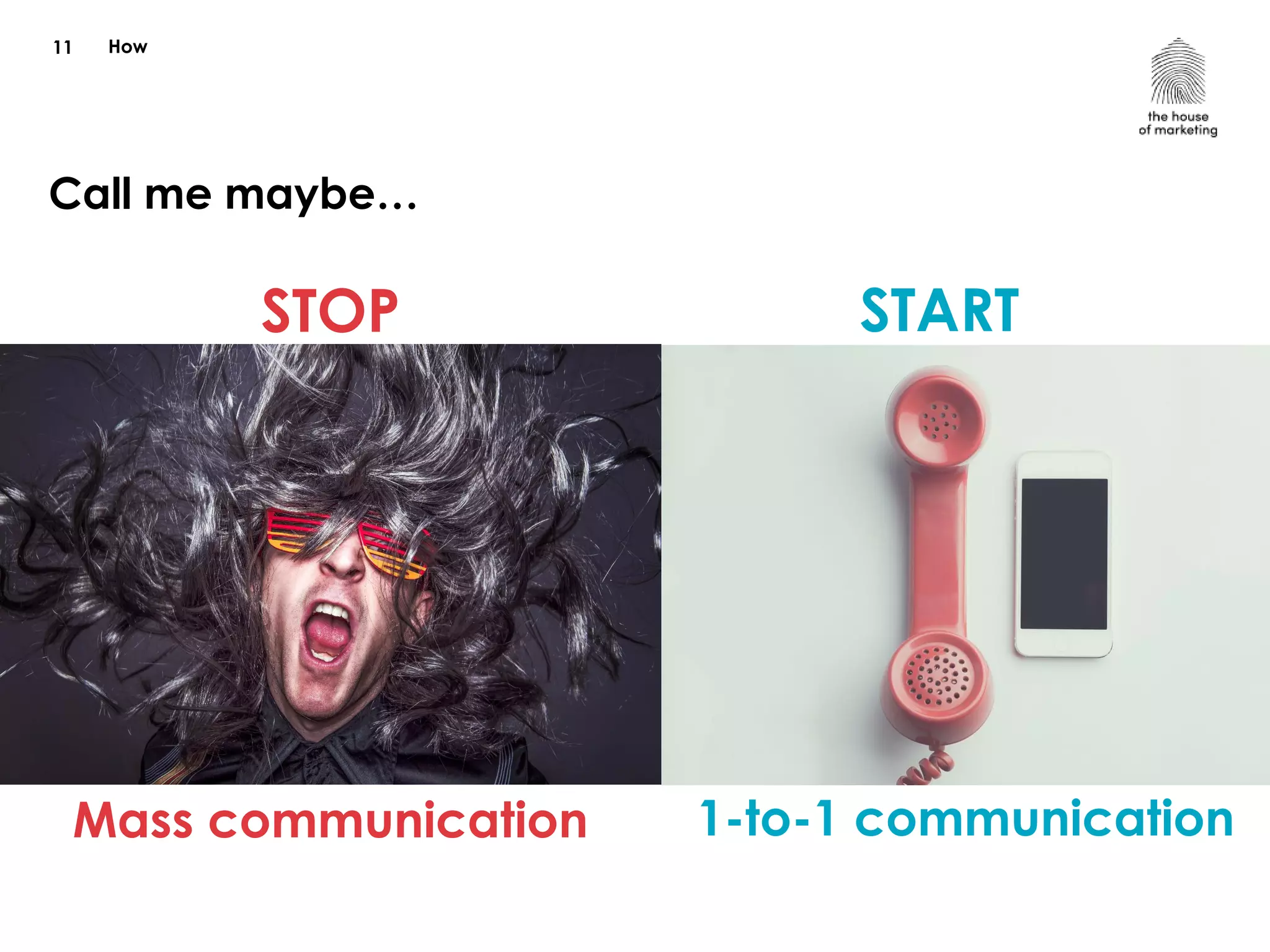 How
Call me maybe…
11
STOP
Mass communication
START
1-to-1 communication
 