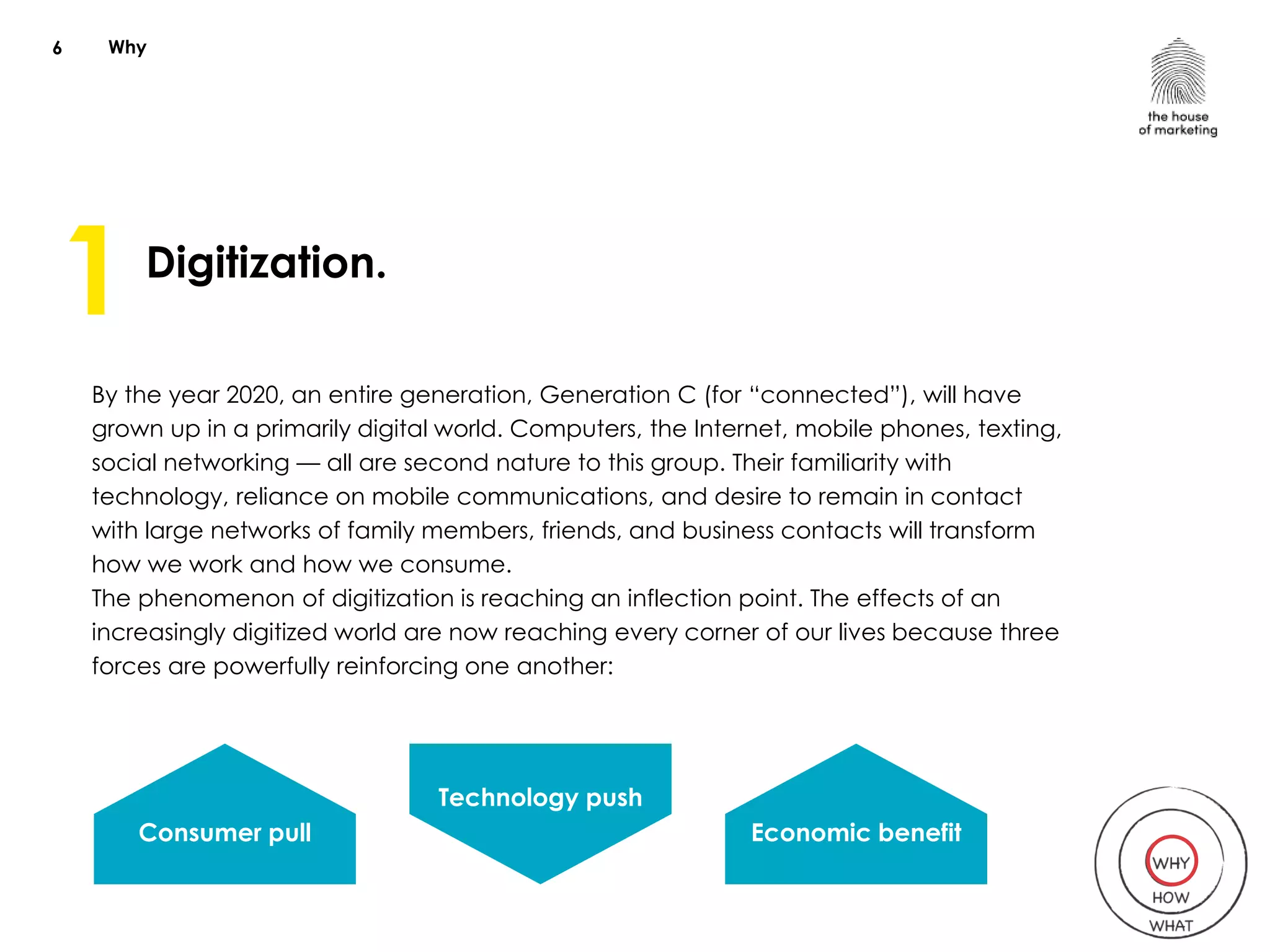 Why
Digitization.
By the year 2020, an entire generation, Generation C (for “connected”), will have
grown up in a primarily digital world. Computers, the Internet, mobile phones, texting,
social networking — all are second nature to this group. Their familiarity with
technology, reliance on mobile communications, and desire to remain in contact
with large networks of family members, friends, and business contacts will transform
how we work and how we consume.
The phenomenon of digitization is reaching an inflection point. The effects of an
increasingly digitized world are now reaching every corner of our lives because three
forces are powerfully reinforcing one another:
6
1
Consumer pull
Technology push
Economic benefit
 