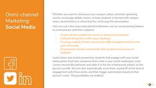 Omni-channel
Marketing:
Social Media
Whether you want to showcase your campus culture, promote upcoming
events, encourage athletic teams, or keep students in formed with campus
news, social media is a critical tool for continuing the conversation.
Here are just a few ways educational institutions use our social posting feature
to communicate with their audience:
▪ Twitter for live updates for events or emergency situations.
▪ Cultivate discussions with unique hashtags.
▪ Creating multiple Twitter accounts for different departments across
your university.
▪ Congratulate alumni members for their professional success on
LinkedIn.
Lead Liaison also tracks prospective students that engage with your social
media posts. Each time someone clicks a link in your social media post, Lead
Liaison records this behavior and adds it to the list of behavioral actions on the
person’s profile. We can also automatically score them, based off of the level of
engagement with those posts, and then trigger automations based on that
person’s score. The possibilities are endless!
11
 