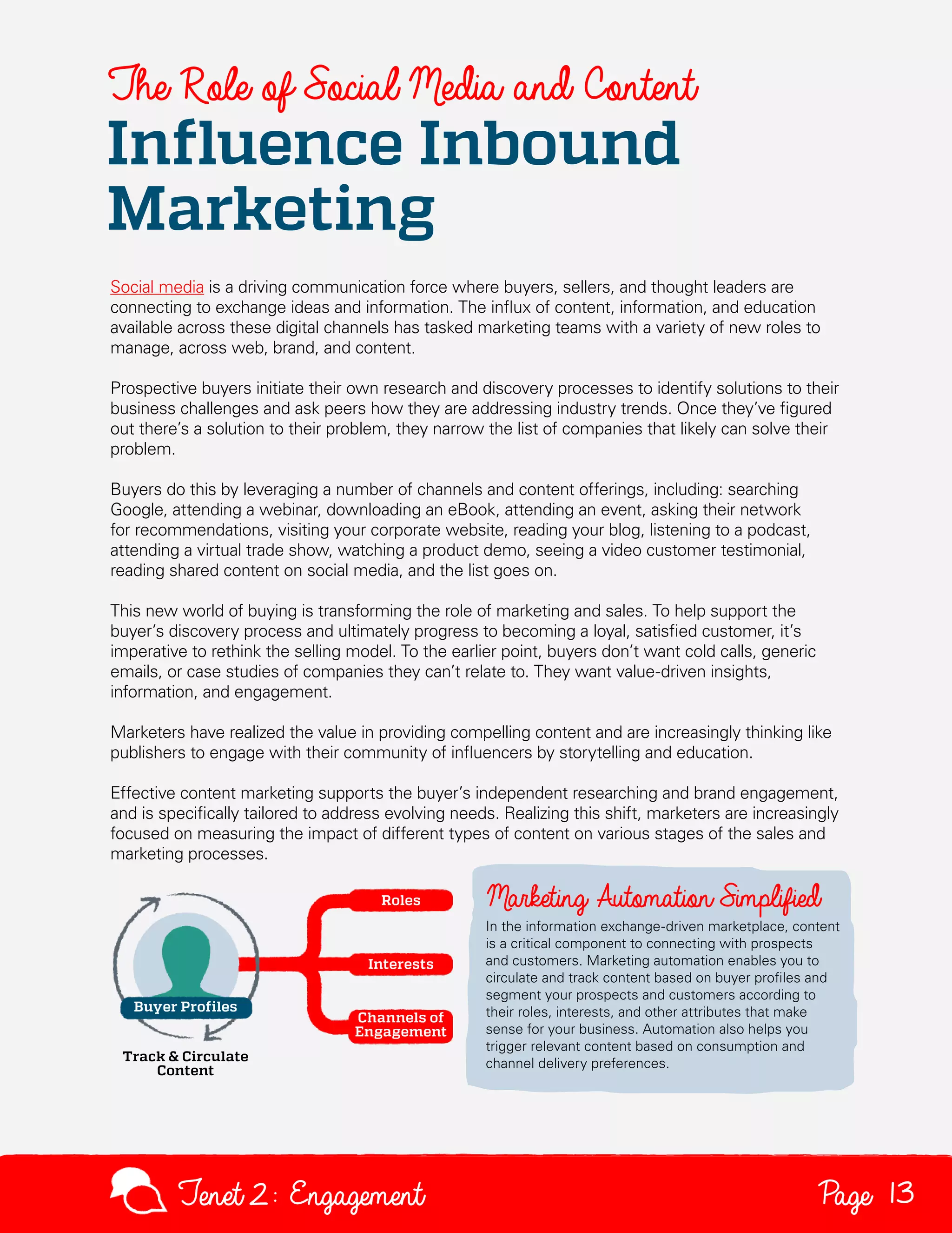The Role of Social Media and Content

Influence Inbound
Marketing

Social media is a driving communication force where buyers, sellers, and thought leaders are
connecting to exchange ideas and information. The influx of content, information, and education
available across these digital channels has tasked marketing teams with a variety of new roles to
manage, across web, brand, and content.
Prospective buyers initiate their own research and discovery processes to identify solutions to their
business challenges and ask peers how they are addressing industry trends. Once they’ve figured
out there’s a solution to their problem, they narrow the list of companies that likely can solve their
problem.
Buyers do this by leveraging a number of channels and content offerings, including: searching
Google, attending a webinar, downloading an eBook, attending an event, asking their network
for recommendations, visiting your corporate website, reading your blog, listening to a podcast,
attending a virtual trade show, watching a product demo, seeing a video customer testimonial,
reading shared content on social media, and the list goes on.
This new world of buying is transforming the role of marketing and sales. To help support the
buyer’s discovery process and ultimately progress to becoming a loyal, satisfied customer, it’s
imperative to rethink the selling model. To the earlier point, buyers don’t want cold calls, generic
emails, or case studies of companies they can’t relate to. They want value-driven insights,
information, and engagement.
Marketers have realized the value in providing compelling content and are increasingly thinking like
publishers to engage with their community of influencers by storytelling and education.
Effective content marketing supports the buyer’s independent researching and brand engagement,
and is specifically tailored to address evolving needs. Realizing this shift, marketers are increasingly
focused on measuring the impact of different types of content on various stages of the sales and
marketing processes.

In the information exchange-driven marketplace, content
is a critical component to connecting with prospects
and customers. Marketing automation enables you to
circulate and track content based on buyer profiles and
segment your prospects and customers according to
their roles, interests, and other attributes that make
sense for your business. Automation also helps you
trigger relevant content based on consumption and
channel delivery preferences.

Tenet2: Engagement

Page 13

 