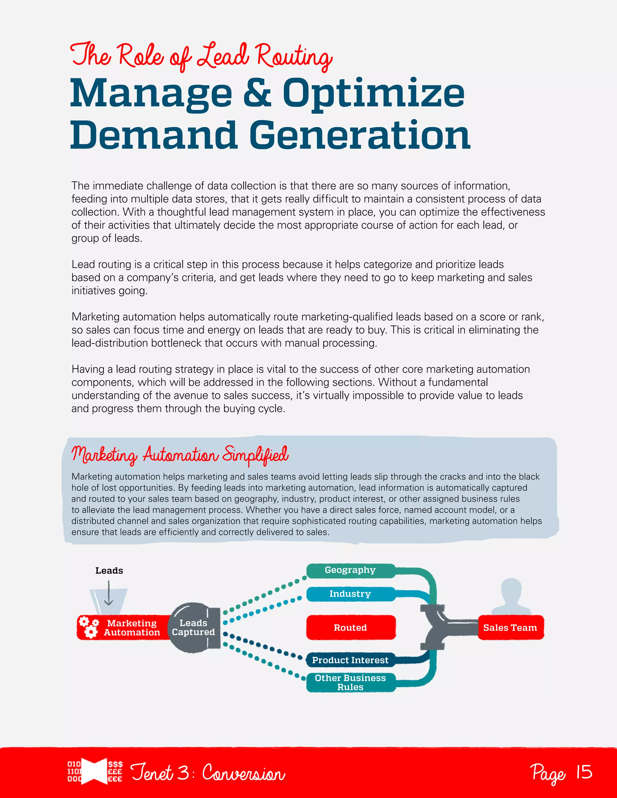 The Role of Lead Routing

Manage & Optimize
Demand Generation
The immediate challenge of data collection is that there are so many sources of information,
feeding into multiple data stores, that it gets really difficult to maintain a consistent process of data
collection. With a thoughtful lead management system in place, you can optimize the effectiveness
of their activities that ultimately decide the most appropriate course of action for each lead, or
group of leads.
Lead routing is a critical step in this process because it helps categorize and prioritize leads
based on a company’s criteria, and get leads where they need to go to keep marketing and sales
initiatives going.
Marketing automation helps automatically route marketing-qualified leads based on a score or rank,
so sales can focus time and energy on leads that are ready to buy. This is critical in eliminating the
lead-distribution bottleneck that occurs with manual processing.
Having a lead routing strategy in place is vital to the success of other core marketing automation
components, which will be addressed in the following sections. Without a fundamental
understanding of the avenue to sales success, it’s virtually impossible to provide value to leads
and progress them through the buying cycle.

Marketing automation helps marketing and sales teams avoid letting leads slip through the cracks and into the black
hole of lost opportunities. By feeding leads into marketing automation, lead information is automatically captured
and routed to your sales team based on geography, industry, product interest, or other assigned business rules
to alleviate the lead management process. Whether you have a direct sales force, named account model, or a
distributed channel and sales organization that require sophisticated routing capabilities, marketing automation helps
ensure that leads are efficiently and correctly delivered to sales.

Tenet3: Conversion

Page 15

 