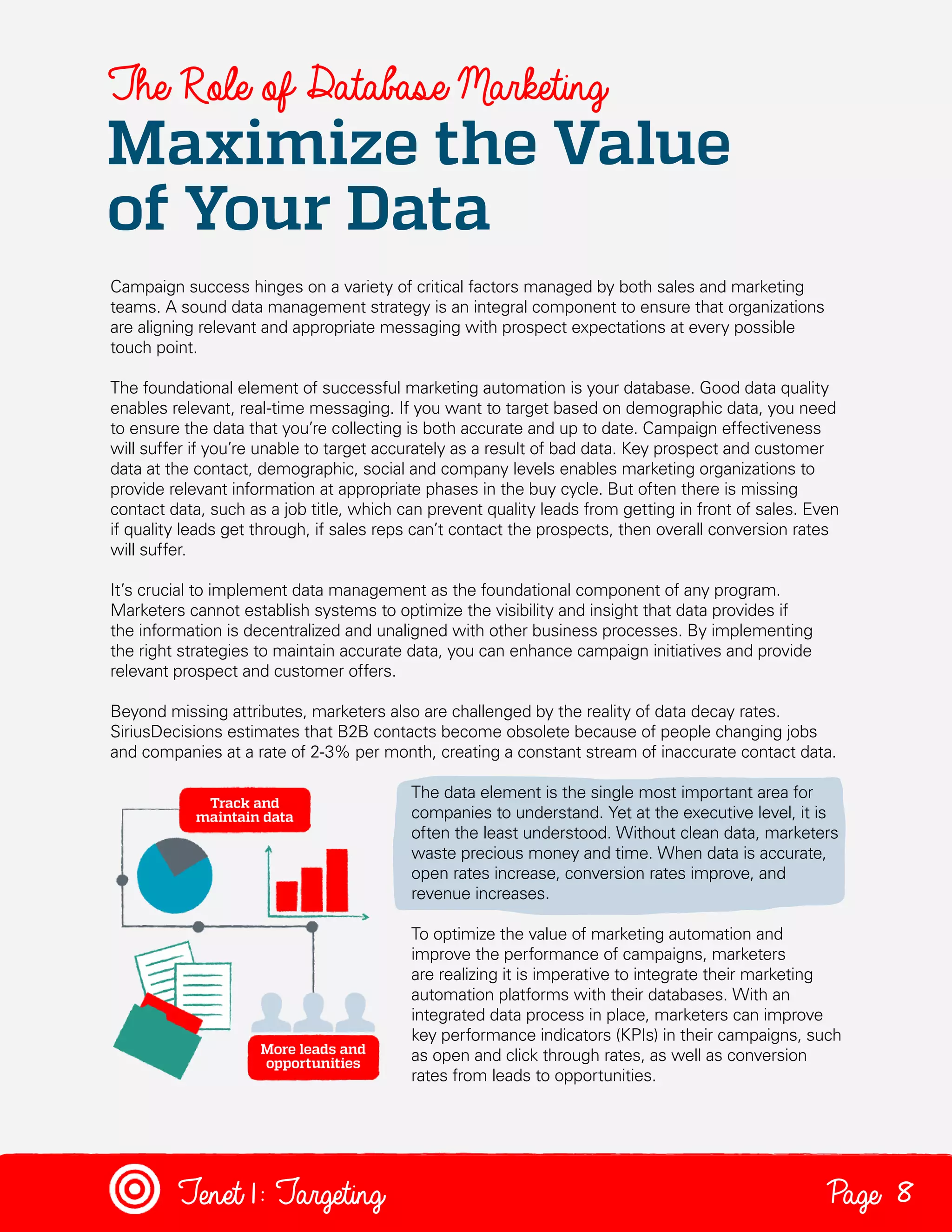 The Role of Database Marketing

Maximize the Value
of Your Data
Campaign success hinges on a variety of critical factors managed by both sales and marketing
teams. A sound data management strategy is an integral component to ensure that organizations
are aligning relevant and appropriate messaging with prospect expectations at every possible
touch point.
The foundational element of successful marketing automation is your database. Good data quality
enables relevant, real-time messaging. If you want to target based on demographic data, you need
to ensure the data that you’re collecting is both accurate and up to date. Campaign effectiveness
will suffer if you’re unable to target accurately as a result of bad data. Key prospect and customer
data at the contact, demographic, social and company levels enables marketing organizations to
provide relevant information at appropriate phases in the buy cycle. But often there is missing
contact data, such as a job title, which can prevent quality leads from getting in front of sales. Even
if quality leads get through, if sales reps can’t contact the prospects, then overall conversion rates
will suffer.
It’s crucial to implement data management as the foundational component of any program.
Marketers cannot establish systems to optimize the visibility and insight that data provides if
the information is decentralized and unaligned with other business processes. By implementing
the right strategies to maintain accurate data, you can enhance campaign initiatives and provide
relevant prospect and customer offers.
Beyond missing attributes, marketers also are challenged by the reality of data decay rates.
SiriusDecisions estimates that B2B contacts become obsolete because of people changing jobs
and companies at a rate of 2-3% per month, creating a constant stream of inaccurate contact data.
The data element is the single most important area for
companies to understand. Yet at the executive level, it is
often the least understood. Without clean data, marketers
waste precious money and time. When data is accurate,
open rates increase, conversion rates improve, and
revenue increases.
To optimize the value of marketing automation and
improve the performance of campaigns, marketers
are realizing it is imperative to integrate their marketing
automation platforms with their databases. With an
integrated data process in place, marketers can improve
key performance indicators (KPIs) in their campaigns, such
as open and click through rates, as well as conversion
rates from leads to opportunities.

Tenet1: Targeting

Page 8

 