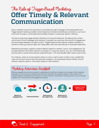 The Role of Trigger-Based Marketing

Offer Timely & Relevant
Communication
Every marketer knows the importance of providing the right message at the appropriate time.
Trigger-based marketing enables critical response to behavioral attributes and actions, such as an
email click through or continually demonstrable interest in a particular asset or offering.
The key to executing trigger-based marketing is timing and relevance. By aligning the content
and timing of email messages with behavior, marketers can optimize their points of engagement
and encourage feedback via calls to action. Trigger-based email programs enable marketers to
transform existing customer data into measurable rules that help execute on business objectives.
Marketing automation supports content delivery based on interest, inquiry, and engagement. By
providing tailored information specific to prospect or customer actions, you can more definitively
provide value to assist and empower potential buyers. This dramatically helps reduce cycle times.
For instance, when an email recipient clicks on a link or call to action to learn more, predefined
rules can be set to ensure that this particular prospect, who expressed topical interest, should
receive a specific asset or information based on their behavior.

Marketing Automation Simplified
Effective engagement and communication is delivered at the right time, relevant to its recipient. With marketing
automation, you can drive the initiatives and offers that resonate with prospects based on their behavior and
indicated interests. By delivering information at critical moments in the decision-making process, you can cultivate
a greater role in the discovery and engagement process.

Tenet2: Engagement

Page 11

 