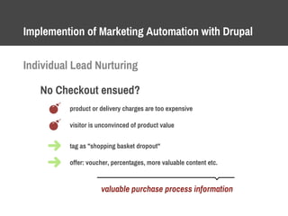 Implemention of Marketing Automation with Drupal
Individual Lead Nurturing
No Checkout ensued?
tag as "shopping basket dropout"
product or delivery charges are too expensive
valuable purchase process information
visitor is unconvinced of product value
offer: voucher, percentages, more valuable content etc.
 