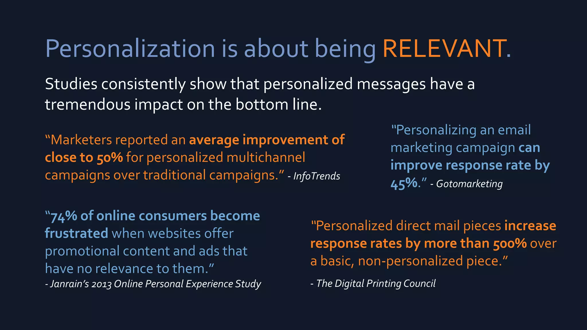 Personalization is about being RELEVANT.
Studies consistently show that personalized messages have a
tremendous impact on the bottom line.
“Personalizing an email
marketing campaign can
improve response rate by
45%.” - Gotomarketing
“Personalized direct mail pieces increase
response rates by more than 500% over
a basic, non-personalized piece.”
- The Digital Printing Council
“Marketers reported an average improvement of
close to 50% for personalized multichannel
campaigns over traditional campaigns.” - InfoTrends
“74% of online consumers become
frustrated when websites offer
promotional content and ads that
have no relevance to them.”
-Janrain’s 2013 Online Personal Experience Study
 