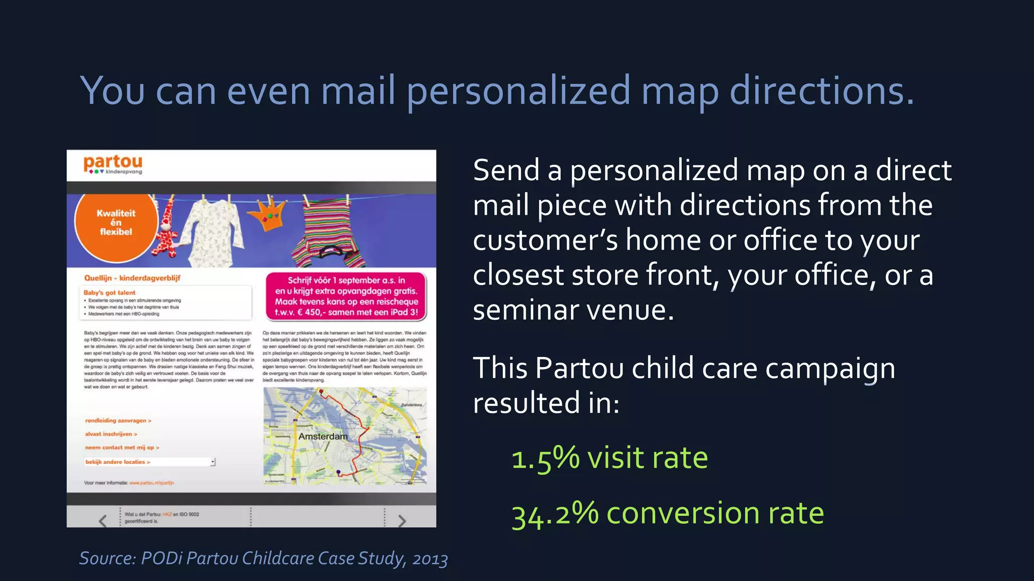1.5% visit rate
34.2% conversion rate
You can even mail personalized map directions.
Source: PODi Partou Childcare Case Study, 2013
 