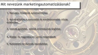 Mit nevezünk marketingautomatizálásnak?
1. Manuális feladatok automatizálása
2. Automatizálás a pontosabb és eredményesebb célzás
érdekében
3. Adatok gyűjtése, adatok áramlásának segítése
4. Közép- és nagyvállalati szintű megoldások
5. Különböző rendszerek összekötése
 