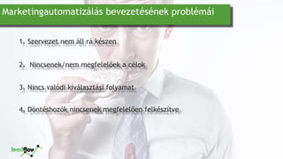 Marketingautomatizálás bevezetésének problémái
1. Szervezet nem áll rá készen
2. Nincsenek/nem megfelelőek a célok
3. Nincs valódi kiválasztási folyamat
4. Döntéshozók nincsenek megfelelően felkészítve
 