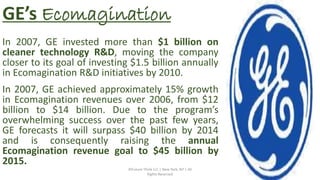 ©Future Think LLC | New York, NY | All
Rights Reserved
30
GE’s Ecomagination
In 2007, GE invested more than $1 billion on
cleaner technology R&D, moving the company
closer to its goal of investing $1.5 billion annually
in Ecomagination R&D initiatives by 2010.
In 2007, GE achieved approximately 15% growth
in Ecomagination revenues over 2006, from $12
billion to $14 billion. Due to the program’s
overwhelming success over the past few years,
GE forecasts it will surpass $40 billion by 2014
and is consequently raising the annual
Ecomagination revenue goal to $45 billion by
2015.
 