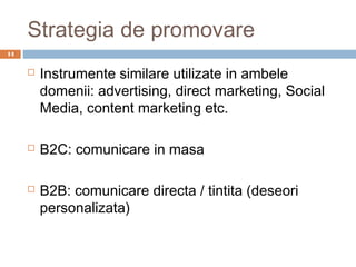 Strategia de promovare
14


        Instrumente similare utilizate in ambele
         domenii: advertising, direct marketing, Social
         Media, content marketing etc.

        B2C: comunicare in masa

        B2B: comunicare directa / tintita (deseori
         personalizata)
 