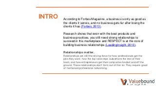 INTRO According to Forbes Magazine, a business is only as good as
the clients it serves, and no business gets far after losing the
clients it has (Forbes, 2013).
Research shows that even with the best products and
business practices, you still need strong relationships to
succeed in this marketplace and RESPECT is at the core of
building business relationships (LeadingInsight, 2013).
Relationships matter.
Relationships are still the driving force for how professionals get the
jobs they want, how the top sales reps outperform the rest of their
team, and how entrepreneurs get their companies funded and off the
ground. These relationships don’t form out of thin air. They require good
ol’ fashioned professional networking.
 