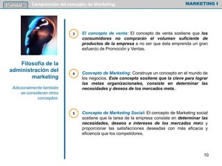 Concepto de Marketing Social: El concepto de Marketing social
sostiene que la tarea de la empresa consiste en determinar las
necesidades, deseos e intereses de los mercados meta y
proporcionar las satisfacciones deseadas con más eficacia y
eficiencia que los competidores,
MARKETING I1º unidad Comprensión del concepto de Marketing.
El concepto de venta: El concepto de venta sostiene que los
consumidores no comprarán el volumen suficiente de
productos de la empresa a no ser que ésta emprenda un gran
esfuerzo de Promoción y Ventas.
Concepto de Marketing: Construye un concepto en el mundo de
los negocios. Este concepto sostiene que la clave para lograr
las metas organizacionales, consiste en determinar las
necesidades y deseos de los mercados meta,.
Filosofía de la
administración del
marketing
Adicionalmente también
se consideran otros
conceptos:
3
4
5
10
 