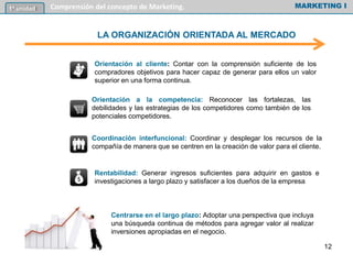 LA ORGANIZACIÓN ORIENTADA AL MERCADO
MARKETING I1º unidad Comprensión del concepto de Marketing.
Orientación al cliente: Contar con la comprensión suficiente de los
compradores objetivos para hacer capaz de generar para ellos un valor
superior en una forma continua.
Orientación a la competencia: Reconocer las fortalezas, las
debilidades y las estrategias de los competidores como también de los
potenciales competidores.
Coordinación interfuncional: Coordinar y desplegar los recursos de la
compañía de manera que se centren en la creación de valor para el cliente.
Centrarse en el largo plazo: Adoptar una perspectiva que incluya
una búsqueda continua de métodos para agregar valor al realizar
inversiones apropiadas en el negocio.
Rentabilidad: Generar ingresos suficientes para adquirir en gastos e
investigaciones a largo plazo y satisfacer a los dueños de la empresa
12
 