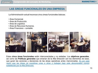 La Administración actual reconoce cinco áreas funcionales básicas:
• Área Comercial.
• Área de Producción.
• Área de Logística.
• Área de Recursos Humanos.
• Área Financiera – contable.
MARKETING I1º unidad Comprensión del concepto de Marketing.
Estas cinco áreas funcionales están interconectadas y no aisladas. Los objetivos generales,
así como las Políticas generales que emanan de la Alta Dirección son los elementos de base,
que guían las acciones y decisiones de las áreas operativas antes mencionadas. Es por esta
razón que las áreas se coordinan unas a otras y trabajan bajo este denominador común
establecido por la Alta Dirección.
LAS ÁREAS FUNCIONALES EN UNA EMPRESA
13
 
