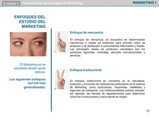Enfoque de mercancía:
El enfoque de mercancía, se encuentra en determinadas
mercancías y clases de productos para precisar cómo se
producen y se distribuyen a consumidores intermedios y finales.
Las principales clases de productos estudiados son los
productos Agrícolas, minerales, artículos manufacturados y
servicios.
Enfoque Institucional:
El enfoque Institucional se concentra en la naturaleza,
evolución y funciones de Instituciones particulares en el sistema
de Marketing, como productores, mayoristas, detallistas y
Agencias de transporte. Los Institucionalistas podrían estudiar,
por ejemplo, las tiendas de departamentos para determinar
cómo han evolucionado y hacia dónde se dirigen.
MARKETING I1º unidad Comprensión del concepto de Marketing.
ENFOQUES DEL
ESTUDIO DEL
MARKETING
El Marketing se ha
estudiado desde varias
ópticas.
Los siguientes enfoques
son los más
generalizados:
17
 