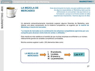 Un elemento extraordinariamente importante sugieren algunos Gerentes de Marketing, para
obtener una plena comprensión de la moderna competencia, es sugerido por la mezcla de
Marketing o mezcla de mercadeo.
“La mezcla de mercadeo es la combinación de esfuerzos competidores ejercicios por una
compañía para alcanzar cierta meta de ventas o utilidades. “
Esta mezcla es más realista en el sentido de que muchas empresas se enfrentan a un número
relativamente grande de variables competitivas controlables.
Muchos autores sugieren cuatro (04) elementos tales como:
MARKETING I1º unidad Comprensión del concepto de Marketing.MARKETING-MIX
Esta denominación ha traído una gran polémica por parte
de algunos especialistas en Marketing dado que las
definiciones no concuerdan más que todo en su
formulación, aunque en el fondo existen en ellas
experiencias importantes. Veamos algunas de ellas:
LA MEZCLA DE
MERCADEO
I. El producto,
II. La plaza,
III. El precio y
IV. La promoción;
Las 4 P`
LA MEZCLA DE
MERCADEO
27
 
