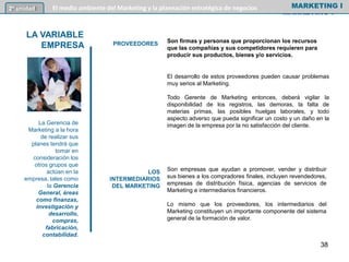 MARKETING I
Son empresas que ayudan a promover, vender y distribuir
sus bienes a los compradores finales, incluyen revendedores,
empresas de distribución física, agencias de servicios de
Marketing e intermediarios financieros.
Lo mismo que los proveedores, los intermediarios del
Marketing constituyen un importante componente del sistema
general de la formación de valor.
MARKETING I2º unidad El medio ambiente del Marketing y la planeación estratégica de negocios
Son firmas y personas que proporcionan los recursos
que las compañías y sus competidores requieren para
producir sus productos, bienes y/o servicios.
PROVEEDORES
LOS
INTERMEDIARIOS
DEL MARKETING
El desarrollo de estos proveedores pueden causar problemas
muy serios al Marketing.
Todo Gerente de Marketing entonces, deberá vigilar la
disponibilidad de los registros, las demoras, la falta de
materias primas, las posibles huelgas laborales, y todo
aspecto adverso que pueda significar un costo y un daño en la
imagen de la empresa por la no satisfacción del cliente.
LA VARIABLE
EMPRESA
La Gerencia de
Marketing a la hora
de realizar sus
planes tendrá que
tomar en
consideración los
otros grupos que
actúan en la
empresa, tales como
la Gerencia
General, áreas
como finanzas,
investigación y
desarrollo,
compras,
fabricación,
contabilidad.
38
 