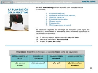 Un Plan de Marketing contiene aspectos tales como se indica a
continuación:
1. El resumen ejecutivo
2. Análisis de la situación del mercado
3. Objetivos a alcanzar.
4. Estrategias de mercadeo.
5. Metas a cumplir.
6. Presupuestos.
7. Métodos y proceso de control.
Es necesario implantar la estrategia de mercadeo para lograr los
objetivos, y normalmente la definiremos como, el conjunto coordinado de
decisiones con respecto a:
1) El mercado objetivo, llamado también mercado meta.
2) Mezcla de mercadeo o Marketing-mix.
3) Niveles de gasto Marketing.
Un proceso de control de mercadeo, supone etapas como las siguientes:
MARKETING I2º unidad El medio ambiente del Marketing y la planeación estratégica de negocios
ESTABLECIMIENTO DE
METAS
MEDICIÓN DEL
DESEMPEÑO
DIAGNÓSTICO DEL
DESEMPEÑO
ACCION CORRECTIVA
¿Qué queremos
alcanzar?
¿Qué está pasando? ¿Por qué? ¿Qué debemos hacer
sobre esto?
LA PLANEACIÓN
DEL MARKETING
46
 