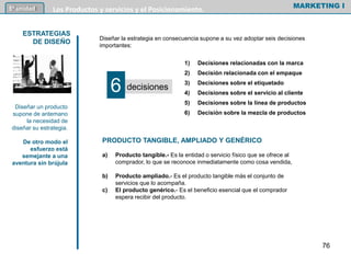 Diseñar la estrategia en consecuencia supone a su vez adoptar seis decisiones
importantes:
MARKETING I5º unidad Los Productos y servicios y el Posicionamiento.
76
Diseñar un producto
supone de antemano
la necesidad de
diseñar su estrategia.
De otro modo el
esfuerzo está
semejante a una
aventura sin brújula
ESTRATEGIAS
DE DISEÑO
PRODUCTO TANGIBLE, AMPLIADO Y GENÉRICO
a) Producto tangible.- Es la entidad o servicio físico que se ofrece al
comprador, lo que se reconoce inmediatamente como cosa vendida,
b) Producto ampliado.- Es el producto tangible más el conjunto de
servicios que lo acompaña.
c) El producto genérico.- Es el beneficio esencial que el comprador
espera recibir del producto.
1) Decisiones relacionadas con la marca
2) Decisión relacionada con el empaque
3) Decisiones sobre el etiquetado
4) Decisiones sobre el servicio al cliente
5) Decisiones sobre la línea de productos
6) Decisión sobre la mezcla de productos
decisiones6
 