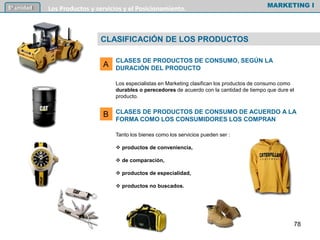 CLASES DE PRODUCTOS DE CONSUMO, SEGÚN LA
DURACIÓN DEL PRODUCTO
Los especialistas en Marketing clasifican los productos de consumo como
durables o perecedores de acuerdo con la cantidad de tiempo que dure el
producto.
CLASES DE PRODUCTOS DE CONSUMO DE ACUERDO A LA
FORMA COMO LOS CONSUMIDORES LOS COMPRAN
Tanto los bienes como los servicios pueden ser :
 productos de conveniencia,
 de comparación,
 productos de especialidad,
 productos no buscados.
MARKETING I5º unidad Los Productos y servicios y el Posicionamiento.
CLASIFICACIÓN DE LOS PRODUCTOS
78
A
B
 