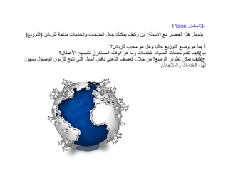 -3 المكـان  Place :   يتعامل هذا العنصر مع الأسئلة :  أين وكيف يمكنك جعل المنتجات والخدمات متاحة للزبائن  ( التوزيع ( أ  ) ما هو وضع التوزيع حاليا وهل هو محبب للزبائن؟ ب ) كيف تقدم خدمات الصيانة للخدمات وما هو الوقت المستغرق لتصليح الأعطال؟ ج ) كيف يمكن تطوير الوضع؟ من خلال العصف الذهني ناقش السبل التي تتيح للزبون الوصول بسهول لهذه الخدمات والمنتجات . 