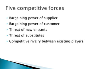 Bargaining power of supplier Bargaining power of customer Threat of new entrants Threat of substitutes Competitive rivalry between existing players 