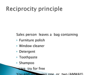 Sales person  leaves a  bag containing Furniture polish Window cleaner Detergent Toothpaste Shampoo  says  try for free You end up buying one  or  two (AMWAY) 