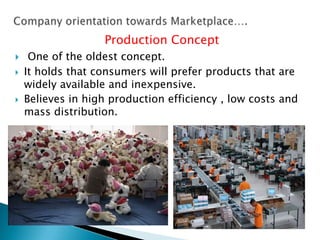 Production Concept





One of the oldest concept.
It holds that consumers will prefer products that are
widely available and inexpensive.
Believes in high production efficiency , low costs and
mass distribution.

 