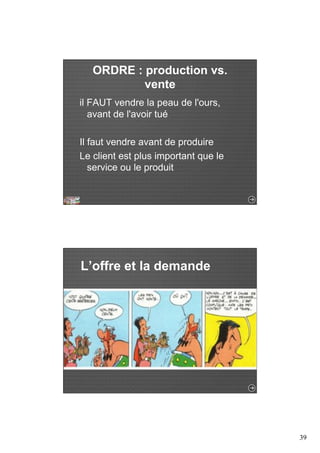 39 
ORDRE : production vs. 
vente 
il FAUT vendre la peau de l'ours, 
avant de l'avoir tué 
Il faut vendre avant de produire 
Le client est plus important que le 
service ou le produit 
L’offre et la demande 
 