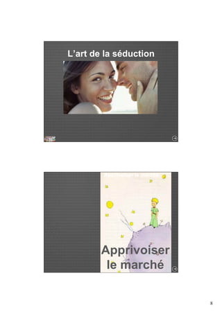 8 
L’art de la séduction 
Apprivoiser le marché 
Apprivoiser 
le marché 
 