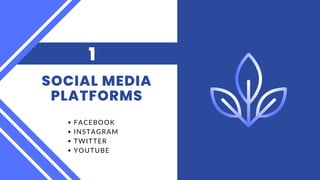 SOCIAL MEDIA
PLATFORMS
1
FACEBOOK
INSTAGRAM
TWITTER
YOUTUBE
 