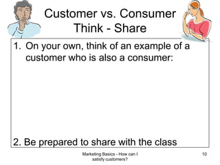 Marketing Basics - How can I satisfy customers?10Customer vs. ConsumerThink - ShareOn your own, think of an example of a customer who is also a consumer:2. Be prepared to share with the class