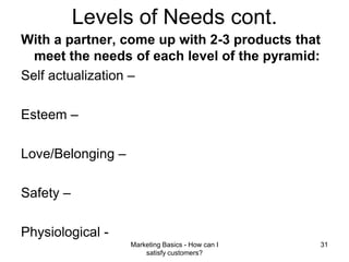 Marketing Basics - How can I satisfy customers?30Levels of NeedsPair ShareWith a partner come up with 2-3 products that meet the needs of each level of the pyramid