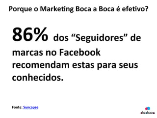Porque	
  o	
  Marke&ng	
  Boca	
  a	
  Boca	
  é	
  efe&vo?	
  
86%	
  dos	
  “Seguidores”	
  de	
  
marcas	
  no	
  Facebook	
  
recomendam	
  estas	
  para	
  seus	
  
conhecidos.	
  
Fonte:	
  Syncapse	
  
 