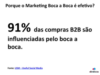 Porque	
  o	
  Marke&ng	
  Boca	
  a	
  Boca	
  é	
  efe&vo?	
  
91%	
  das	
  compras	
  B2B	
  são	
  
inﬂuenciadas	
  pelo	
  boca	
  a	
  
boca.	
  
Fonte:	
  USM	
  –	
  Useful	
  Social	
  Media	
  
 