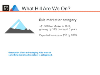 19
What Hill Are We On?
Sub-market or category
~$1.3 Billion Market in 2014,
growing by 18% over next 5 years
Expected to surpass $3B by 2019
Description of this sub-category. Also must be
something that already exists or is categorized.
 