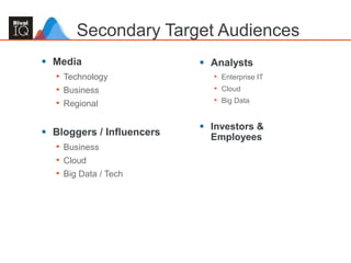 55
 Media
• Technology
• Business
• Regional
 Bloggers / Influencers
• Business
• Cloud
• Big Data / Tech
Secondary Target Audiences
 Analysts
• Enterprise IT
• Cloud
• Big Data
 Investors &
Employees
 
