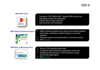 IBM research: understanding marketing trends, challenges and best
practices
      IBM CMO Study
                                •    Surveyed 1734 CMOs WW - largest CMO survey ever
                                •    Identifying trends and challenges
                                •    Indepth face-to-face interview
                                •    See www.ibm.com/cmostudy



 IBM Holiday Readiness Report      IBMs marketing solutions are used by the leading retailers
                                    world wide, providing a wealth of data on consumer
                                    behavior
                                   Frequent reports and benchmarks on consumer trends
                                   See ibm.com



 IBM State of Marketing 2012
                                   Survey 370 marketing executives
                                   Compared high performing organization to the rest
                                   Identifying best practices – how to become a high
                                    performing organization
                                   See ibm.com
 