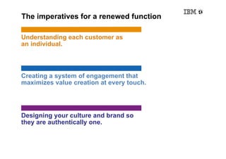 The imperatives for a renewed function

Understanding each customer as
an individual.



Creating a system of engagement that
maximizes value creation at every touch.




Designing your culture and brand so
they are authentically one.
 