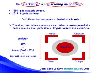 Du marketing au marketing de contenu …
• 1994 : pas assez de contenu
• 2015 : trop de contenu
En 2 décennies, le contenu a...