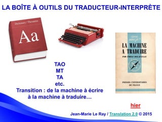 LA BOÎTE À OUTILS DU TRADUCTEUR-INTERPRÈTE
hier
Jean-Marie Le Ray / Translation 2.0 © 2015
TAO
MT
TA
etc.
Transition : de ...