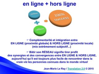 en ligne + hors ligne
 Complémentarité et intégration entre
EN LIGNE (proximité globale) & HORS LIGNE (proximité locale)
...
