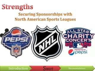 Market their products in such a way that was never seen beforeStrengthsSecuring Sponsorships withNorth American Sports Leagues