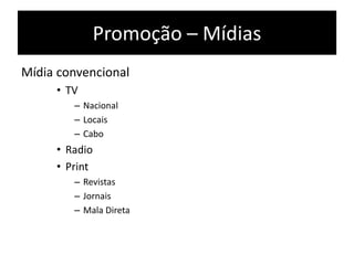 Promoção – Mídias
Mídia convencional
• TV
– Nacional
– Locais
– Cabo
• Radio
• Print
– Revistas
– Jornais
– Mala Direta
 
