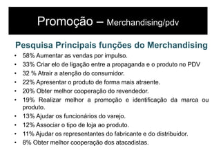 Promoção – Merchandising/pdv
Pesquisa Principais funções do Merchandising
• 58% Aumentar as vendas por impulso.
• 33% Criar elo de ligação entre a propaganda e o produto no PDV
• 32 % Atrair a atenção do consumidor.
• 22% Apresentar o produto de forma mais atraente.
• 20% Obter melhor cooperação do revendedor.
• 19% Realizar melhor a promoção e identificação da marca ou
produto.
• 13% Ajudar os funcionários do varejo.
• 12% Associar o tipo de loja ao produto.
• 11% Ajudar os representantes do fabricante e do distribuidor.
• 8% Obter melhor cooperação dos atacadistas.
 