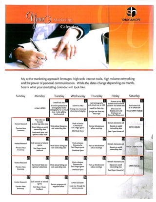 Marketing calendar, plan of action, recent solds 