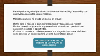 Para aquellos negocios que inician, contratar a un mercadólogo adecuado y con
una inversión accesible es casi imposible.
Marketing Camello ha creado un modelo en el cual:
Define para el negocio el plan de mercadotecnia y las acciones a realizar.
Recluta, selecciona y capacita a quién realizará las acciones operativas que
garanticen resultado y operatividad.
Contrata un becario, el cual no representa una erogación importante, definiendo
como beneficio un plan de carrera. De esta manera todos ganan.
 