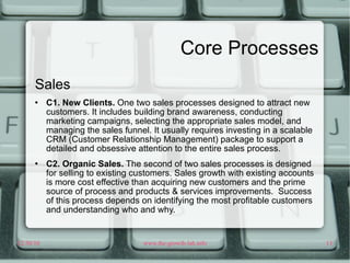 Core Processes Sales C1. New Clients.  One two sales processes designed to attract new customers. It includes building brand awareness, conducting marketing campaigns, selecting the appropriate sales model, and managing the sales funnel. It usually requires investing in a scalable CRM (Customer Relationship Management) package to support a detailed and obsessive attention to the entire sales process.  C2. Organic Sales.  The second of two sales processes is designed for selling to existing customers. Sales growth with existing accounts is more cost effective than acquiring new customers and the prime source of process and products & services improvements.  Success of this process depends on identifying the most profitable customers and understanding who and why.  