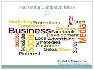 Marketing Campaign Ideas

Created By Cygnis Media
http://www.cygnismedia.com/

 